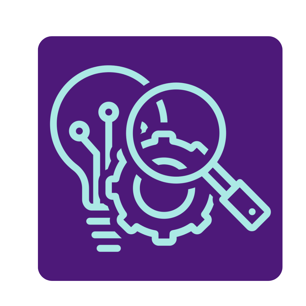 An icon with a lightbulb, gear, and magnifying glass on a purple background.