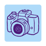 Purple icon of a camera on a blue background